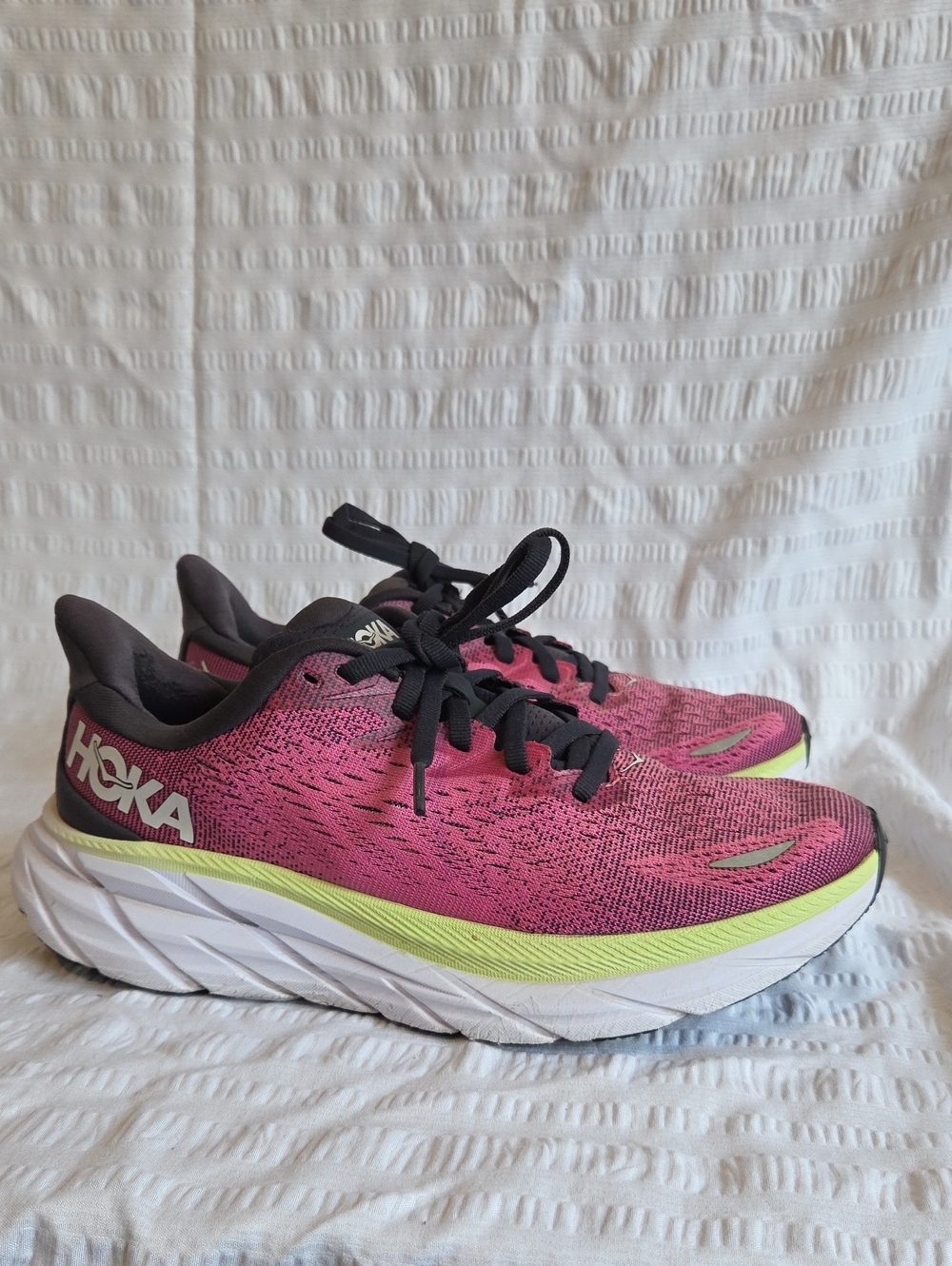 Hoka Women's Pink Running Shoes with Black Accents and Lime Stripe